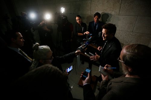 JOHN WOODS / WINNIPEG FREE PRESS
Ron Schuler, Minister of Infrastructure, speaks to media outside question period about yesterday's Manitoba budget Tuesday, March 13, 2018.