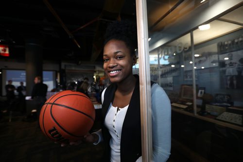 RUTH BONNEVILLE / WINNIPEG FREE PRESS

Sports
Vincent Massey student Debbie Nkiasi is excited to be playing in the 2018 MILK AAAA Basketball Championships this weekend.  
Photo taken at presser held at Sports for Life Centre Tuesday.


March 13 ,2018