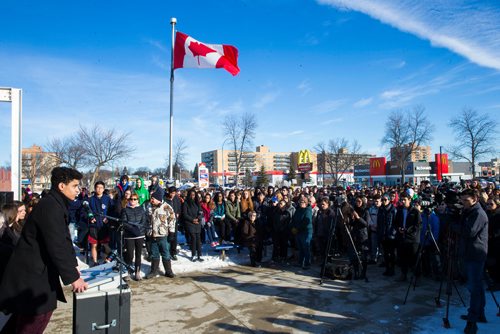 MIKAELA MACKENZIE / WINNIPEG FREE PRESS
Jacob Harvey speaks at a walkout at Grant Park School in Winnipeg, Manitoba, in solidarity with the victims of gun violence in Florida last month  on Wednesday, March 14, 2018.
 Mikaela MacKenzie / Winnipeg Free Press 14, 2018.