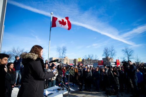 MIKAELA MACKENZIE / WINNIPEG FREE PRESS
Katie Delay speaks in a walkout at Grant Park School in Winnipeg, Manitoba, in solidarity with the victims of gun violence in Florida last month  on Wednesday, March 14, 2018.
 Mikaela MacKenzie / Winnipeg Free Press 14, 2018.