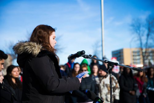 MIKAELA MACKENZIE / WINNIPEG FREE PRESS
Katie Delay speaks in a walkout at Grant Park School in Winnipeg, Manitoba, in solidarity with the victims of gun violence in Florida last month  on Wednesday, March 14, 2018.
 Mikaela MacKenzie / Winnipeg Free Press 14, 2018.