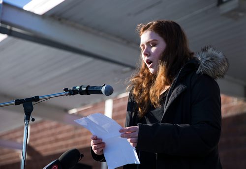 MIKAELA MACKENZIE / WINNIPEG FREE PRESS
Katie Delay speaks in a walkout at Grant Park School in Winnipeg, Manitoba, in solidarity with the victims of gun violence in Florida last month  on Wednesday, March 14, 2018.
 Mikaela MacKenzie / Winnipeg Free Press 14, 2018.