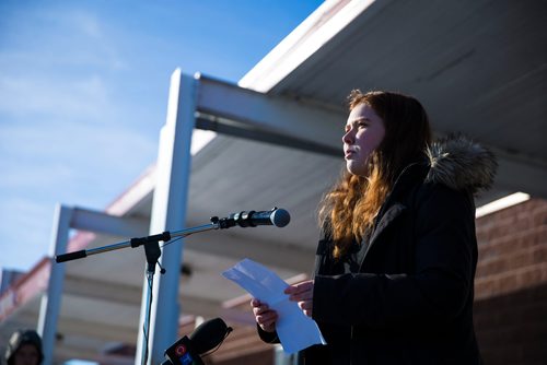 MIKAELA MACKENZIE / WINNIPEG FREE PRESS
Katie Delay speaks in a walkout at Grant Park School in Winnipeg, Manitoba, in solidarity with the victims of gun violence in Florida last month  on Wednesday, March 14, 2018.
 Mikaela MacKenzie / Winnipeg Free Press 14, 2018.