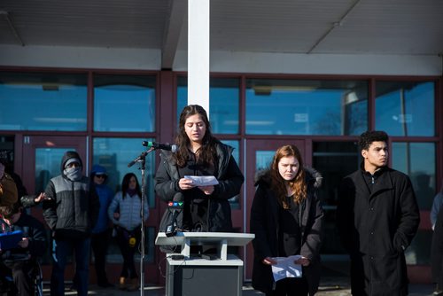 MIKAELA MACKENZIE / WINNIPEG FREE PRESS
Melanie Gonzalez, centre, speaks and Katie Delay and Jacob Harvey wait to speak at a walkout at Grant Park School in Winnipeg, Manitoba, in solidarity with the victims of gun violence in Florida last month  on Wednesday, March 14, 2018.
 Mikaela MacKenzie / Winnipeg Free Press 14, 2018.