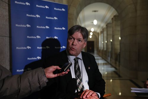 RUTH BONNEVILLE / WINNIPEG FREE PRESS

Ian Wishart Portage La Prairie Minister of Education and Training, responds to questions from the media regarding how the budget effects the healthcare coverage of international students while studying in Manitoba.  
See Nick Martin Story.  
March 14 ,2018