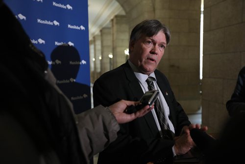 RUTH BONNEVILLE / WINNIPEG FREE PRESS

Ian Wishart Portage La Prairie Minister of Education and Training, responds to questions from the media regarding how the budget effects the healthcare coverage of international students while studying in Manitoba.  
See Nick Martin Story.  
March 14 ,2018