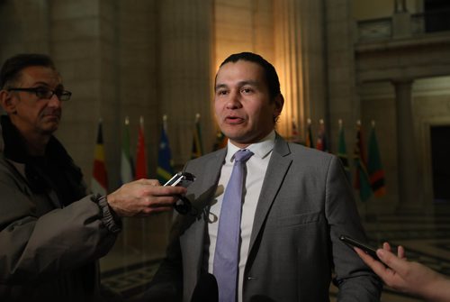 RUTH BONNEVILLE / WINNIPEG FREE PRESS

The Wab Kinew, Leader of the NDP, responds to the new budget requiring international students having to pay for their health-care coveragei in the Rodundra at the Leg Wednesday.  
 See Nick Martin Story.  
March 14 ,2018