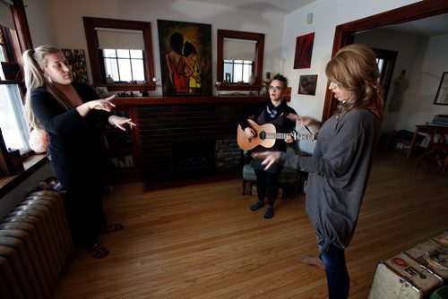 PHIL HOSSACK/Winnipeg Free Press - Singer-songwriter Raine Hamilton (centre) is releasing a new album, and will have ASL actor and performer Joanna Hawkins (right) doing a shadow interpretation of her songs at the release show next week. Seen here rehearsing Wednesday with English-ASL interpreter Brittany Toews (left). MARCH 14, 2018