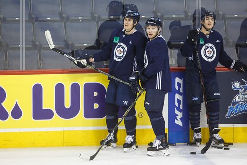 MIKE DEAL / WINNIPEG FREE PRESS
Winnipeg Jets' Mark Scheifele (55) and Marko Dano (56) during practice at Bell MTS Place Thursday morning prior to a home game against the Chicago Blackhawks.
180315 - Thursday, March 15, 2018.