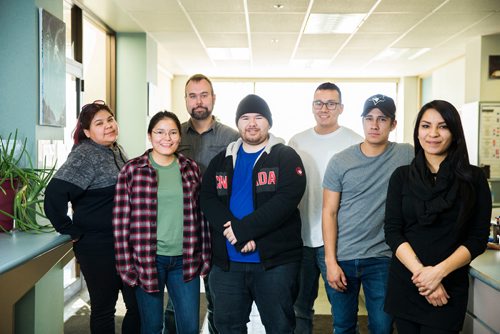 MIKAELA MACKENZIE / WINNIPEG FREE PRESS
Robotics instructors Tia Dumas (left), Lisa Harper, Chris Schulz, Kane Slavuta, Jared Bone, Shinni Barratt, and Alexis Nelson at the First Peoples Development Inc. offices in Winnipeg on Thursday, March 15, 2018. First Peoples Development Inc. has teamed up with a Winnipeg robotics company called Cogmation to deliver two-week long robotics coding workshops in First Nations in Manitoba that culminate in a Lego robot Sumo wrestling competition.
 Mikaela MacKenzie / Winnipeg Free Press 15, 2018.