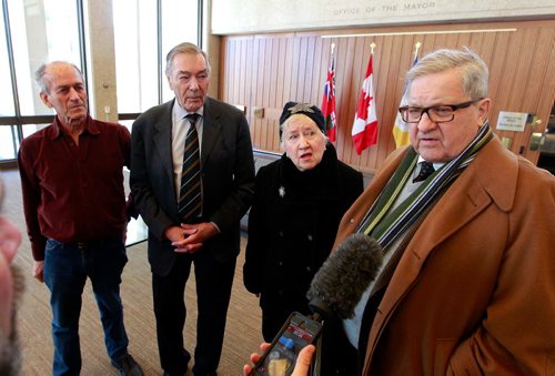 BORIS MINKEVICH / WINNIPEG FREE PRESS
Representatives of the Rail Yard Relocation Project met with Mayor Bowman today. The purpose of the meeting is to discuss the potential for the City to undertake a feasibility study of Relocating the CPR yards which have historically divided Winnipeg. From left, Sel Burrows, Charles Huband, Arlene Draffin Jones, and Lloyd Axworthy talk to the media after the meeting. ALDO SANTIN STORY. March 15, 2018