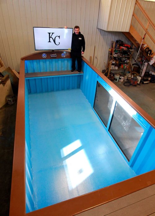 BORIS MINKEVICH / WINNIPEG FREE PRESS
Kurt Wittin owns Custom Container Builders and makes portable swimming pools in his Springfield, MB business. In this photo he poses with one of his container pools. MARTIN CASH STORY. March 15, 2018