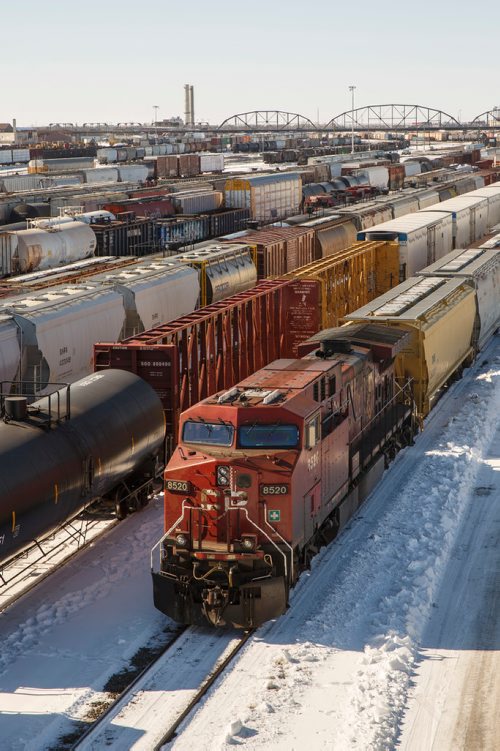 MIKE DEAL / WINNIPEG FREE PRESS
Trains in the CP rail yard sit idle Thursday afternoon.
180315 - Thursday, March 15, 2018.