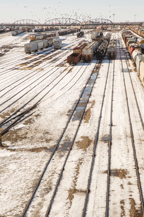 MIKE DEAL / WINNIPEG FREE PRESS
Trains in the CP rail yard sit idle Thursday afternoon.
180315 - Thursday, March 15, 2018.