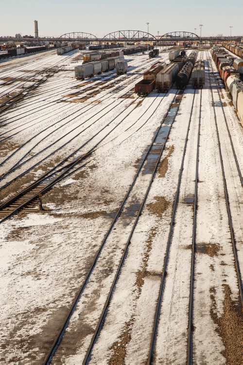 MIKE DEAL / WINNIPEG FREE PRESS
Trains in the CP rail yard sit idle Thursday afternoon.
180315 - Thursday, March 15, 2018.