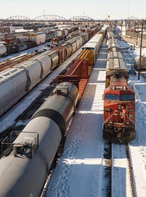 MIKE DEAL / WINNIPEG FREE PRESS
Trains in the CP rail yard sit idle Thursday afternoon.
180315 - Thursday, March 15, 2018.