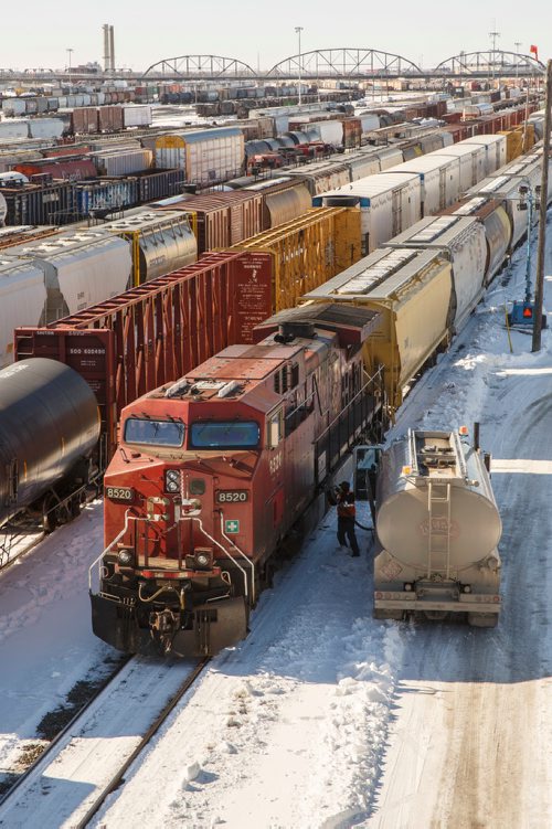 MIKE DEAL / WINNIPEG FREE PRESS
Trains in the CP rail yard sit idle Thursday afternoon.
180315 - Thursday, March 15, 2018.