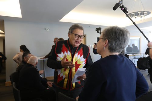 RUTH BONNEVILLE  /  WINNIPEG FREE PRESS

Indigenous and Municipal Leaders from southern and central Manitoba gathered together for the first time to explore the potential of collaborative leadership at the Forks Friday.  
Photo of Chief Jim Bear Brokenhead Ojibway Nation chats with Reeve Frances Smee RM of Rosser after press conference.  


March 16, 2018