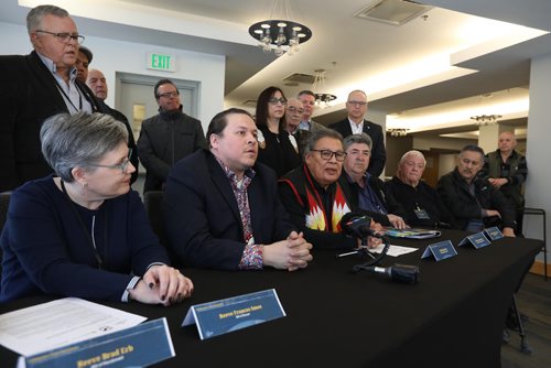 RUTH BONNEVILLE  /  WINNIPEG FREE PRESS

Indigenous and Municipal Leaders from southern and central Manitoba gathered together for the first time to explore the potential of collaborative leadership at the Forks Friday.  
Photo of  (from left) Reeve Frances Smee RM of Rosser, Grand Chief Jerry Daniels and Chief Jim Bear Brokenhead Ojibway Nation, along with others, answer questions from the media at press conference after their meeting Friday.   


March 16, 2018