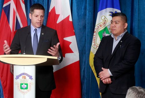 BORIS MINKEVICH / WINNIPEG FREE PRESS
City releases 2018 State of the Infrastructure Report. From left, Mayor Brian Bowman and Councillor Mike Pagtakhan, Council Liaison for Project Management talk to the media at the Council Building, Lower Level  News Conference Room. ALDO SANTIN STORY. March 16, 2018