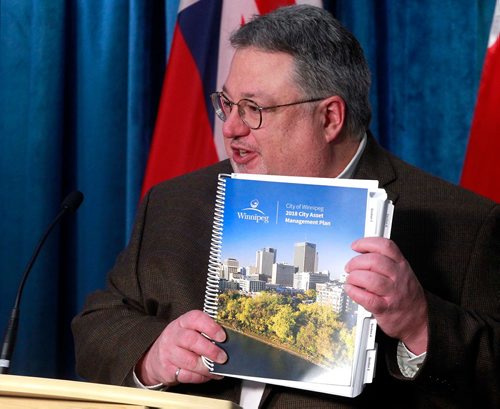 BORIS MINKEVICH / WINNIPEG FREE PRESS
City releases 2018 State of the Infrastructure Report. Chief Asset and Project Management Officer Georges Chartier answers to questions from the media at the Council Building, Lower Level  News Conference Room. ALDO SANTIN STORY. March 16, 2018