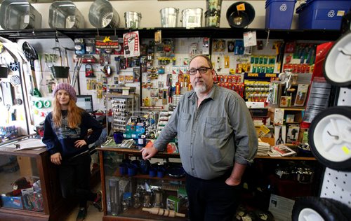 PHIL HOSSACK / WINNIPEG FREE PRESS - Pollock Hardware chair, Blair Hamilton  poses with store manager Lindsay Waedt (left) in the South Osborne store which will close at month's end. See Randy Turner story.- March 16, 2018