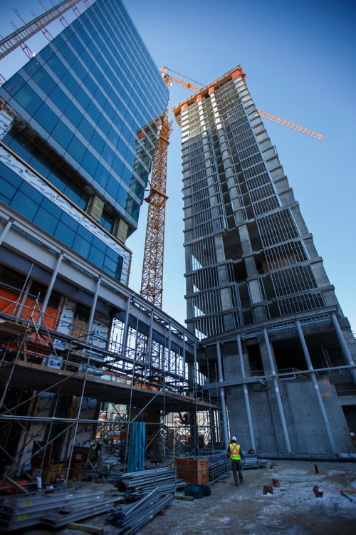 MIKE DEAL / WINNIPEG FREE PRESS
Tower 1 (left) and Tower 2 (right) during a short tour of construction at True North Square, Friday March 16, 2018.
180316 - Friday, March 16, 2018.