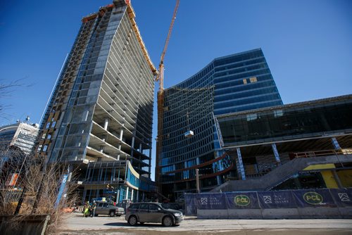 MIKE DEAL / WINNIPEG FREE PRESS
Tower 1 (right) and Tower 2 (left) during a short tour of construction at True North Square, Friday March 16, 2018.
180316 - Friday, March 16, 2018.