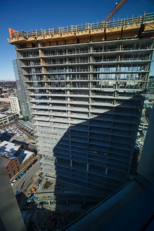 MIKE DEAL / WINNIPEG FREE PRESS
A look at Tower 2 from the 17th floor of Tower 1 during a short tour of construction at True North Square, Friday March 16, 2018.
180316 - Friday, March 16, 2018.