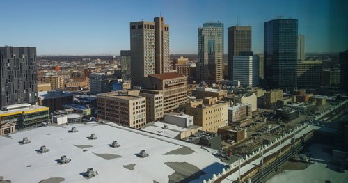 MIKE DEAL / WINNIPEG FREE PRESS
Winnipeg looking northeast towards downtown from the 17th floor of Tower 1 during a short tour of construction at True North Square, Friday March 16, 2018.
180316 - Friday, March 16, 2018.