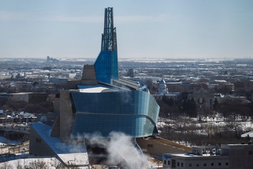 MIKE DEAL / WINNIPEG FREE PRESS
The Canadian Museum for Human Rights from the 17th floor of Tower 1 during a short tour of construction at True North Square, Friday March 16, 2018.
180316 - Friday, March 16, 2018.