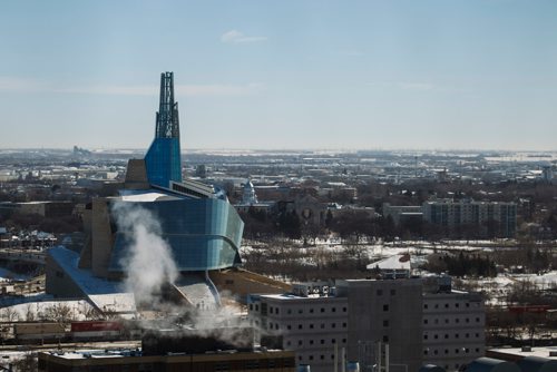 MIKE DEAL / WINNIPEG FREE PRESS
The Canadian Museum for Human Rights from the 17th floor of Tower 1 during a short tour of construction at True North Square, Friday March 16, 2018.
180316 - Friday, March 16, 2018.