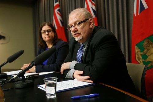 JOHN WOODS / WINNIPEG FREE PRESS
Justice Minister Heather Stefanson and Health, Seniors and Active Living Minister Kelvin Goertzen address media in relation to Manitoba's cannabis legislation during a press conference at the Manitoba Legislature Tuesday, March 20, 2018.