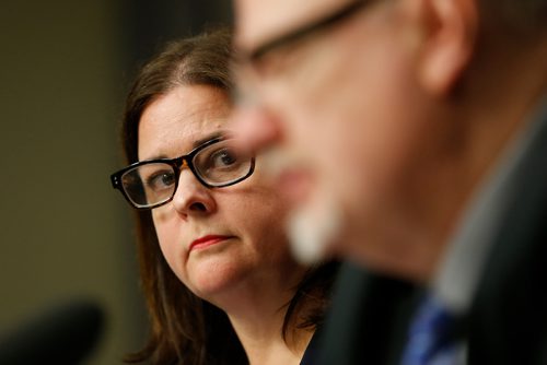 JOHN WOODS / WINNIPEG FREE PRESS
Justice Minister Heather Stefanson and Health, Seniors and Active Living Minister Kelvin Goertzen address media in relation to Manitoba's cannabis legislation during a press conference at the Manitoba Legislature Tuesday, March 20, 2018.