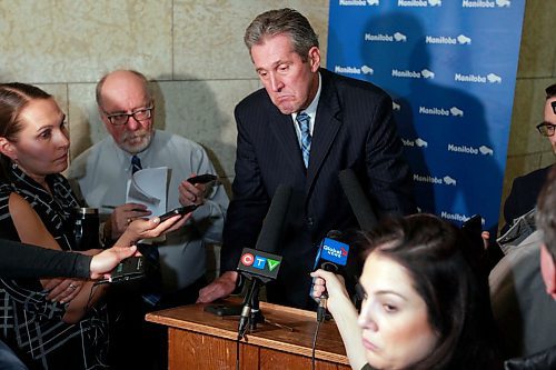 BORIS MINKEVICH / WINNIPEG FREE PRESS
Manitoba Premier Brian Pallister in scrummed by the media in a second floor hallway at the Manitoba Legislative Building. Re: Hydro board quitting. March 21, 2018