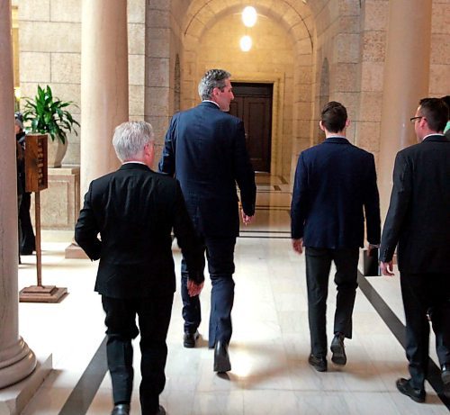 BORIS MINKEVICH / WINNIPEG FREE PRESS
Manitoba Premier Brian Pallister walks away after being scrummed by the media in a second floor hallway at the Manitoba Legislative Building. Re: Hydro board quitting. March 21, 2018