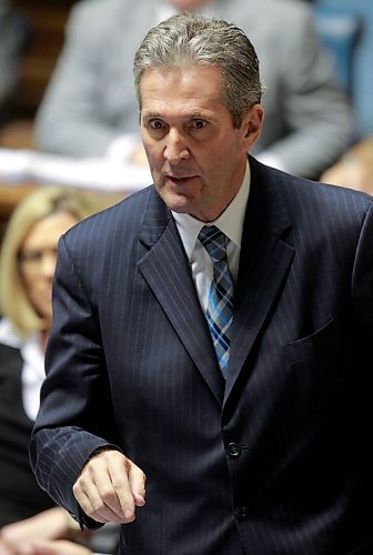 BORIS MINKEVICH / WINNIPEG FREE PRESS
Manitoba Premier Brian Pallister reacts to questions from the opposition in question period at the Manitoba Legislative Building. March 21, 2018
