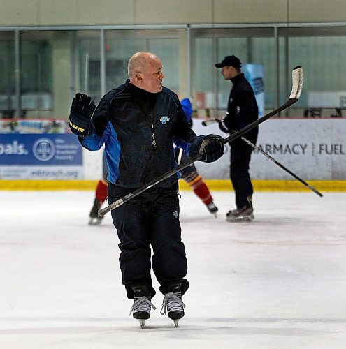 PHIL HOSSACK / WINNIPEG FREE PRESS - Winnipeg Blues Head Coach Billy Kean gestures an opinion during a team workout Wednesday. See story. - March 21, 2018