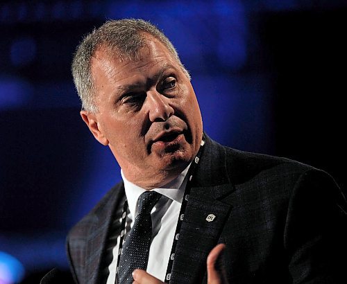 PHIL HOSSACK / WINNIPEG FREE PRESS -CFL Commissioner Randy Ambrosie on stage Wednesday at the Investor's Group Field as the 2018 CFL Hall of Fame Class is announced. See story. - March 21, 2018