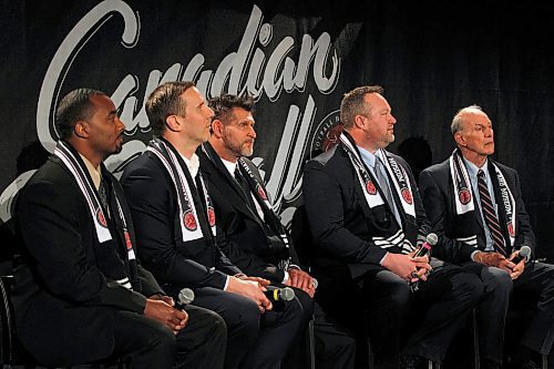 PHIL HOSSACK / WINNIPEG FREE PRESS -left to right: Barron Miles, Brent Johnson, Hank Ilisic, Scott Flory and  Frank Cosentino sit on the stage Wednesday at the Investor's Group Field as they are announced to the CFL Hall of Fame. See story. - March 21, 2018