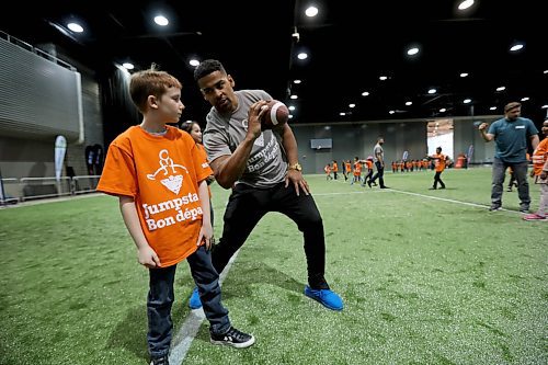 RUTH BONNEVILLE  /  WINNIPEG FREE PRESS

Andrew Harris, running back for the Winnipeg Blue Bombers, teaches Heath Barkley of Greenway School how to throw a football during a skills session at the RBC Convention Centre Thursday.  Over 160 local Jumpstart kids aged 9-12 years old from Greenway School and Victory School participated in football skills training led by 10 current CFL players.

Standup photo 


March 22,  2018