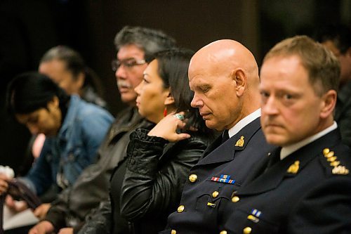 MIKAELA MACKENZIE / WINNIPEG FREE PRESS
Scott Kolody, Manitoba RCMP Assistant Commissioner, sits with chiefs and family member before announcing that the RCMP have charged a man with murder for the death of Crystal Andrews at the division headquarters in Winnipeg on Thursday, March 22, 2018. 
Mikaela MacKenzie / Winnipeg Free Press 22, 2018.