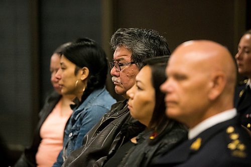 MIKAELA MACKENZIE / WINNIPEG FREE PRESS
Gods Lake Narrows Chief Gilbert Andrews sits and listens as the RCMP announce that they have charged a man with murder for the death of Crystal Andrews at the division headquarters in Winnipeg on Thursday, March 22, 2018. 
Mikaela MacKenzie / Winnipeg Free Press 22, 2018.