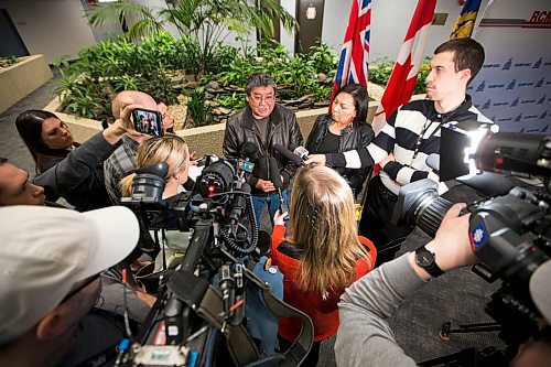 MIKAELA MACKENZIE / WINNIPEG FREE PRESS
Chiefs Gilbert Andrews (left) and Sheila North scrum with the media after RCMP announce that they have charged a man with murder for the death of Crystal Andrews at the division headquarters in Winnipeg on Thursday, March 22, 2018. 
Mikaela MacKenzie / Winnipeg Free Press 22, 2018.