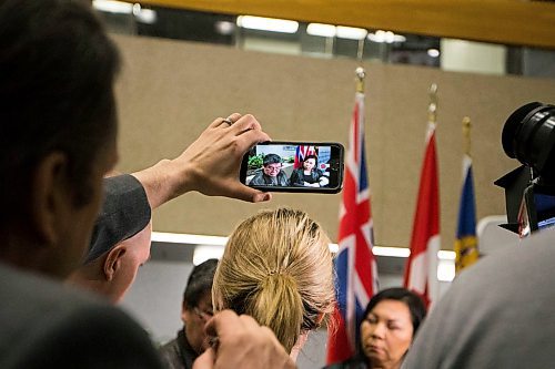 MIKAELA MACKENZIE / WINNIPEG FREE PRESS
Chiefs Gilbert Andrews (left) and Sheila North scrum with the media after RCMP announce that they have charged a man with murder for the death of Crystal Andrews at the division headquarters in Winnipeg on Thursday, March 22, 2018. 
Mikaela MacKenzie / Winnipeg Free Press 22, 2018.