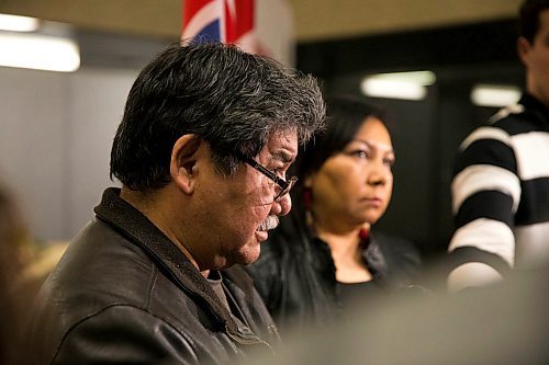 MIKAELA MACKENZIE / WINNIPEG FREE PRESS
Chiefs Gilbert Andrews (left) and Sheila North scrum with the media after RCMP announce that they have charged a man with murder for the death of Crystal Andrews at the division headquarters in Winnipeg on Thursday, March 22, 2018. 
Mikaela MacKenzie / Winnipeg Free Press 22, 2018.