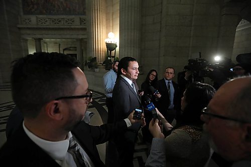 RUTH BONNEVILLE  /  WINNIPEG FREE PRESS

NDP Leader Wab Kinew holds media scrum over the MB Hydro board resigning, after question period in the Legislature Thursday.  

March 22,  2018