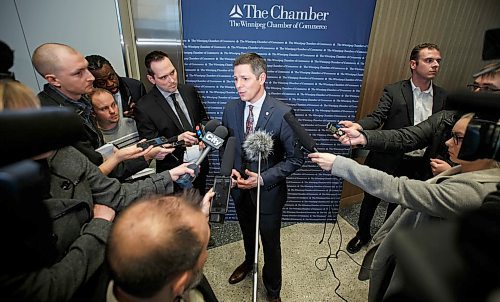 MIKE DEAL / WINNIPEG FREE PRESS
Winnipeg Mayor Brian Bowman talks to the media after giving his last State of the City address before the civic election this fall.
180323 - Friday, March 23, 2018.