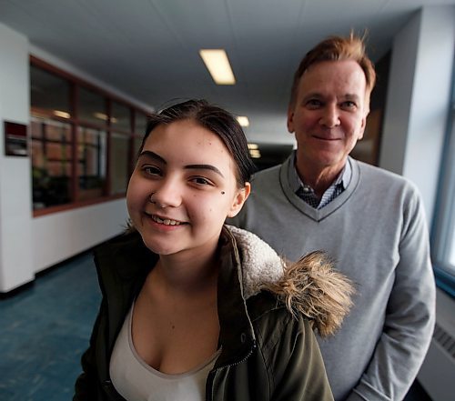PHIL HOSSACK / WINNIPEG FREE PRESS - Freedom Smith-Myron, a St John's High School Grade 11 student (17yrs) poses with her priciple Doug Taylor at the school Friday afternoon.  See Alex Paul's story re:Philanthropy.- March 23, 2018