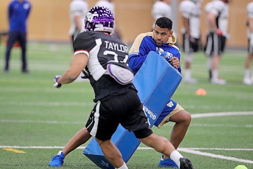 TREVOR HAGAN / WINNIPEG FREE PRESS
Winnipeg's Alex Taylor, participating in the CFL combine in front of Bombers' Andrew Harris, during CFL Week at the University of Winnipeg, Sunday, March 25, 2018.